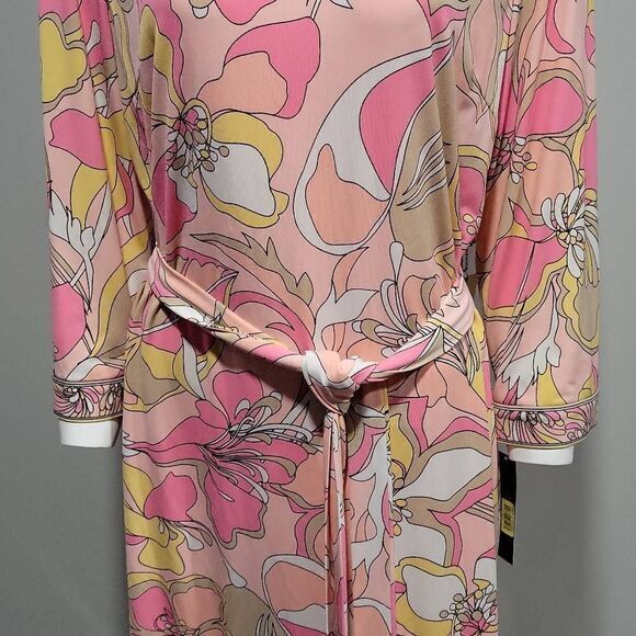 Tahari Shirt Dress Women Size 8 NEW Pink Retro 60 Pink Floral Mini Stretchy Knit - Picture 5 of 12